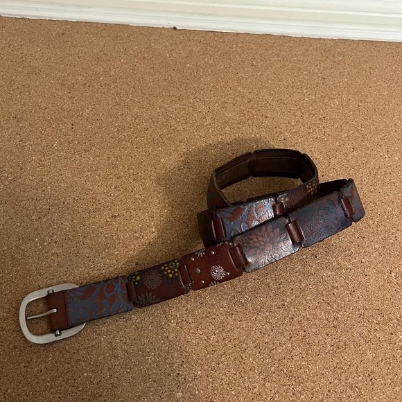 Vintage Leather Floral Stamped and Link Patchwork Style Belt Hippie Boho sz L - Picture 4 of 10